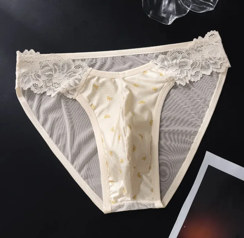 Herren-Slip aus französischer Spitze, Satin, exotisches männliches Netz, transparente Dessous, 3D-U-konvexes Höschen, atmungsaktive Eisseide, nahtlose Unterwäsche