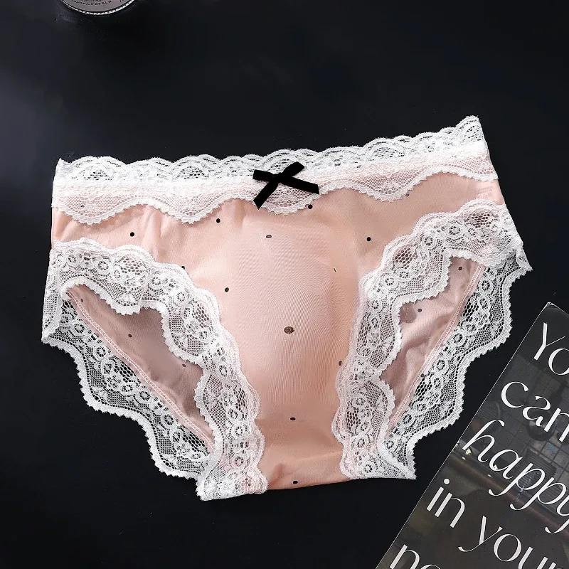 Men's Sexy Briefs Lace Edge Polka Dot Underwear Ice Silk Sissy Panties U Convex Pouch Underpants Seamless See Through Lingerie