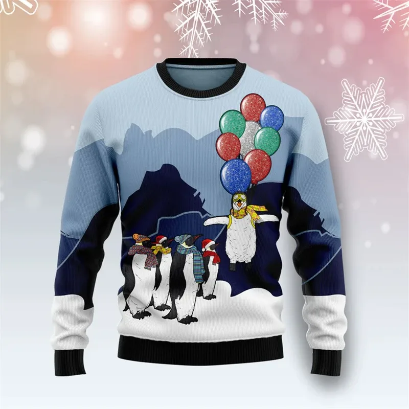 Funny Penguin Graphic Ugly Christmas Sweater For Men Fashion Autumn Holiday Wear 3D Printed Sweatshirts Loose Breathable Tops