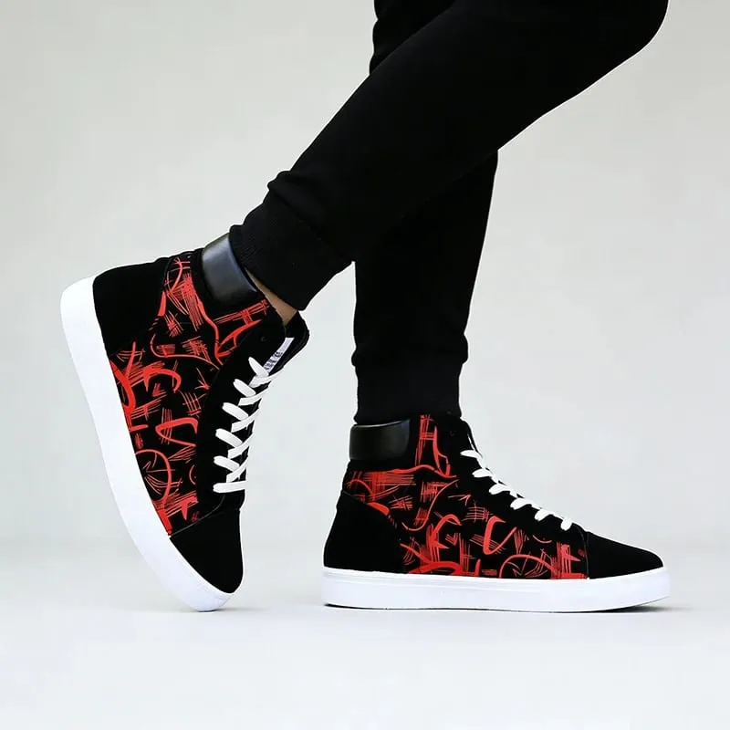 Street Style Mode Sneakers Herr Fritidsskor Platta Andas Hög topp Svart Röd Märke Skor för män