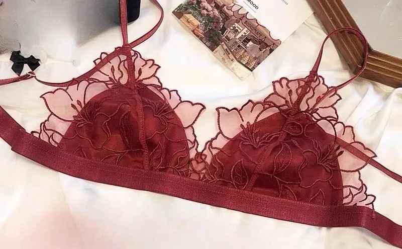 ​ Elegant French Lace Bralette Wireless Triangle Cup No Underwire Thin Straps Small Bust Women Comfort Lingerie Set BANERDANNI