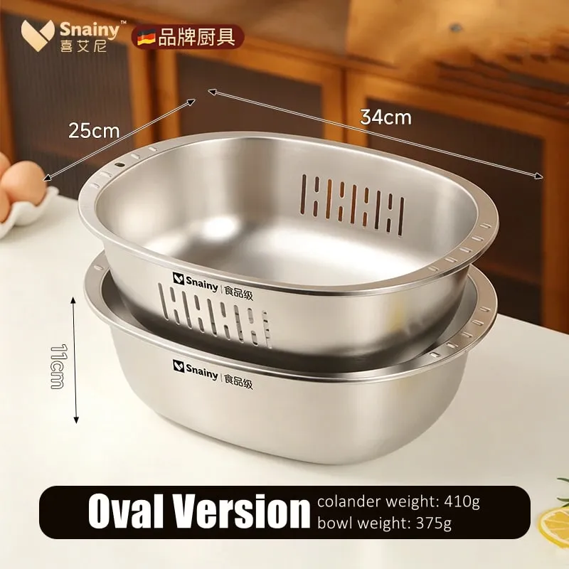 Food-grade Stainless Steel Basin and Colander Set Washing and Draining 2 in 1 Kitchen Accessories Ultrasonic Polishing Gadgets