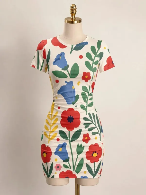 Womens Short Sleeve Bodycon Mini Dress Slim Fit Crew Neck Floral Print Casual Summer Party Cute Trendy Flattering Party Sundress