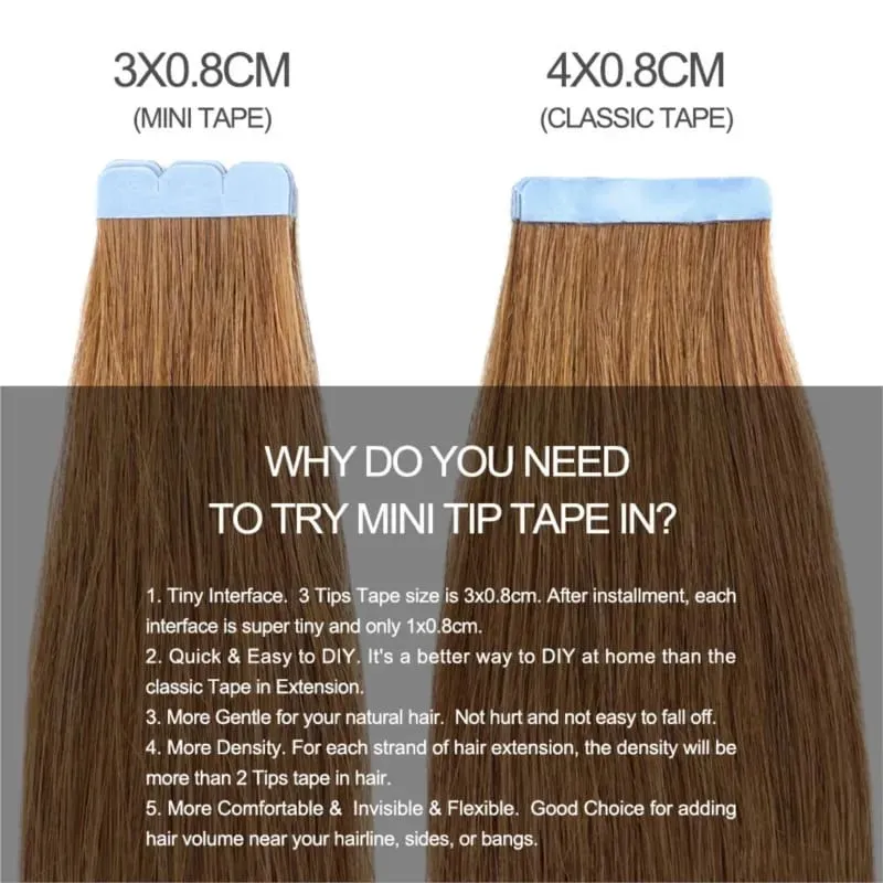 10Pcs Natural Real Smooth Remy Human Hair Mini Tape in Skin Weft Hair Extensions Soft Touch Texture Natural Shine Daily Use