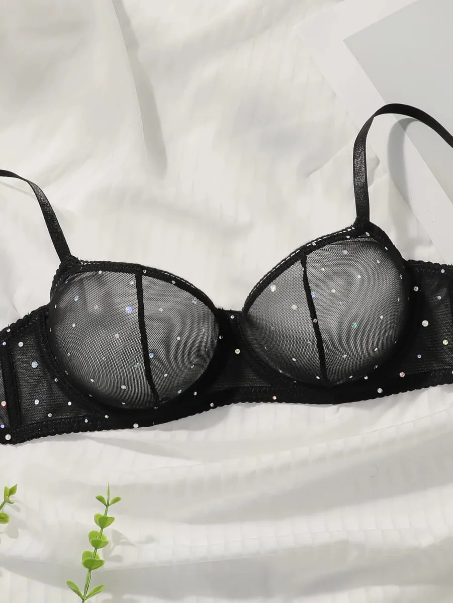 Sexy Black Lace Sequin Bra and Panty Set Women's Push Up Underwire Non Padding Lingerie Set for Valentine's Day S-XL