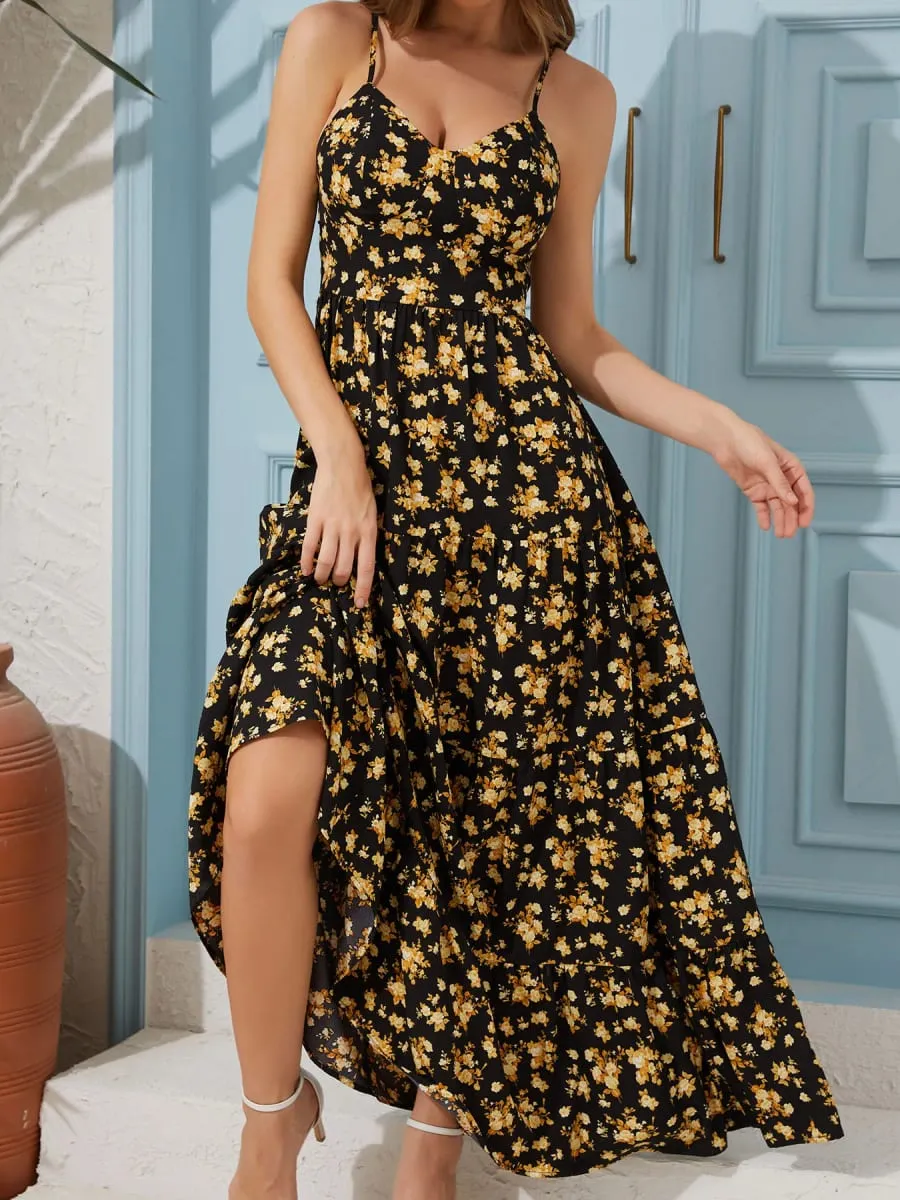 Women's V-neck Floral Print Camisole Dress—a sexy Backless Flowy Long Party Dress Featuring a Bow Detail. — image 6