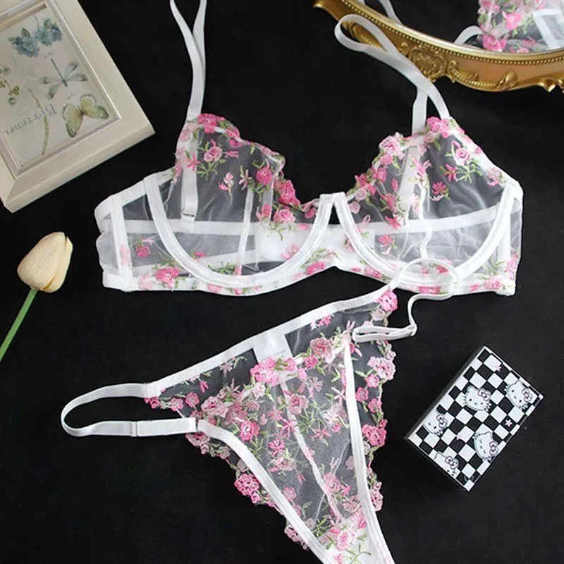 New Women Sexy Mesh Bras Suit Sweet Female French Floral Embroidery Underwear Sets Transparent Mesh Bra Panties 2Piece Lingerie