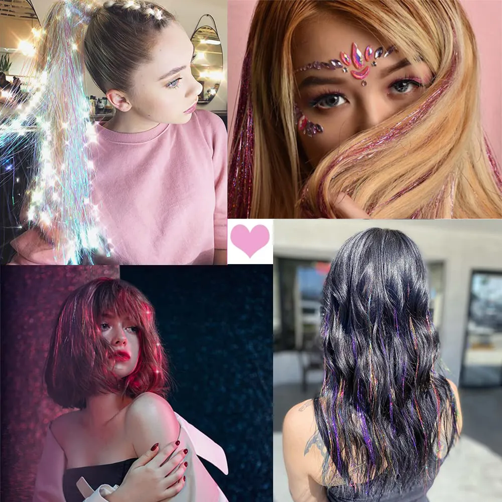 6Pcs/set Sparkle Shiny Hair Tinsel Hair Extensions Dazzles Women Hippie for Braiding Headdress Hair Braiding Tools Long 60cm
