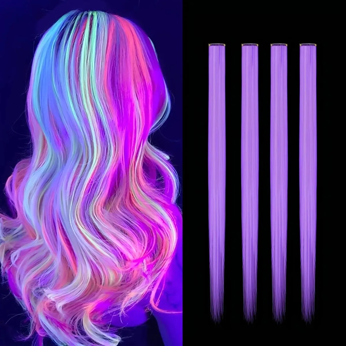 4-Pieces Synthetic Hair Extensions with Luminous Fluorescent Glow for Women - Clip-In Smooth & Soft Easy to Wear for Parties
