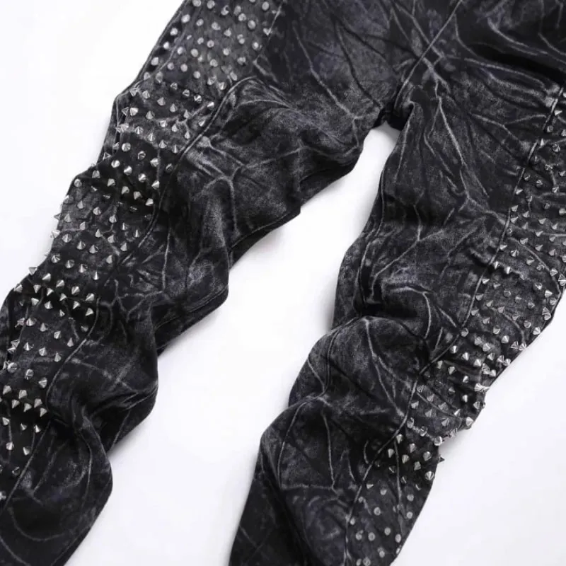 2025 Four Seasons New Retro Punk High Street Trendy Sort Vasket Forældede Slankende og Forældede Willow Nail mænds jeans — image 4