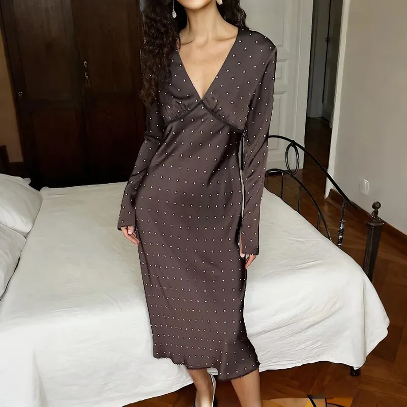 Talenza Women Polka Dot Dress Fashion Satin Print Contrast V-Neck High-Waisted New Dress Summer Elegant Female Party Dress 2026