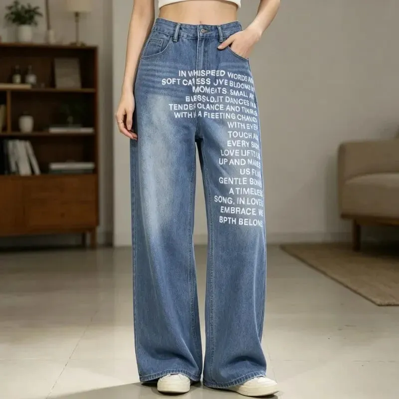 American Retro Men Alphabet Patterned Letter Jeans High Street Clothing Y2K Goth Women Unisex Baggy Casual Wide Leg Mopping Pant