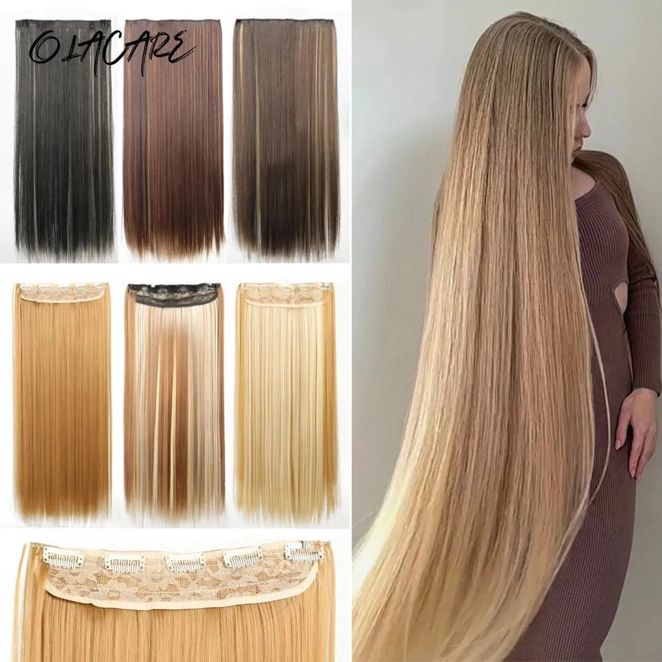 Synthetic Wig 5 Clip One Piece Invisible Hair Extensions Long Straight 24Inch Heat Resistant Hairpiece for Women