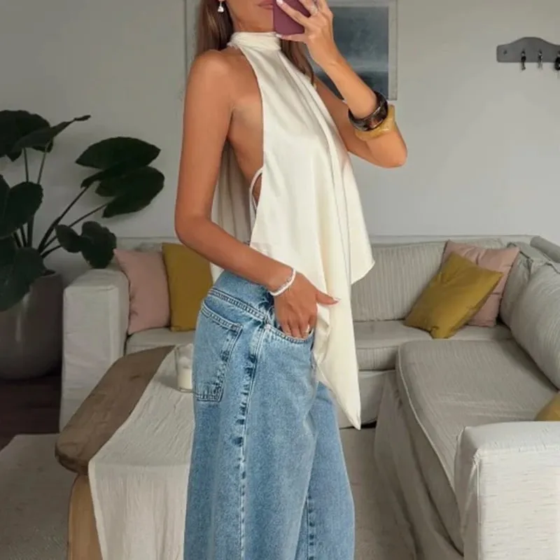 Combhasaki Women Y2k Lace-up Choker Halter Neck Satin Silk Vest High Low Asymmetrical Hem Camis Yesk Silky Backless Layering Top