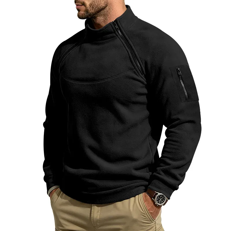 Men Fleece Stand Collar Sweatshirt Diagonal Zipper Arm Pocket Long Sleeve Loose Casual Pullover Autumn Winter Outdoor Tops