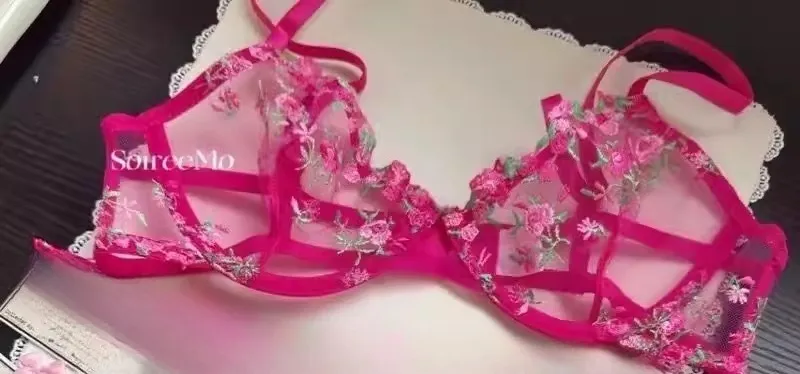 French Floral Bra Set Women | Sweet Sexy Sheer Mesh Lace Transparent Underwear Set | Practical & Feminine MOYISU Sexy Panty Set