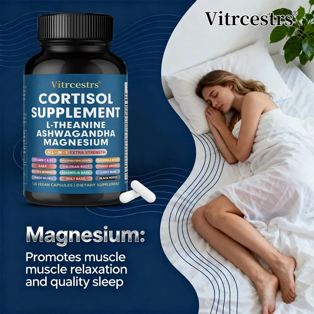 Suplemento de soporte de cortisol: el magnesio apoya el alivio del estrés, la calma, la relajación del estado de ánimo, el sueño reparador, la concentración y la salud suprarrenal