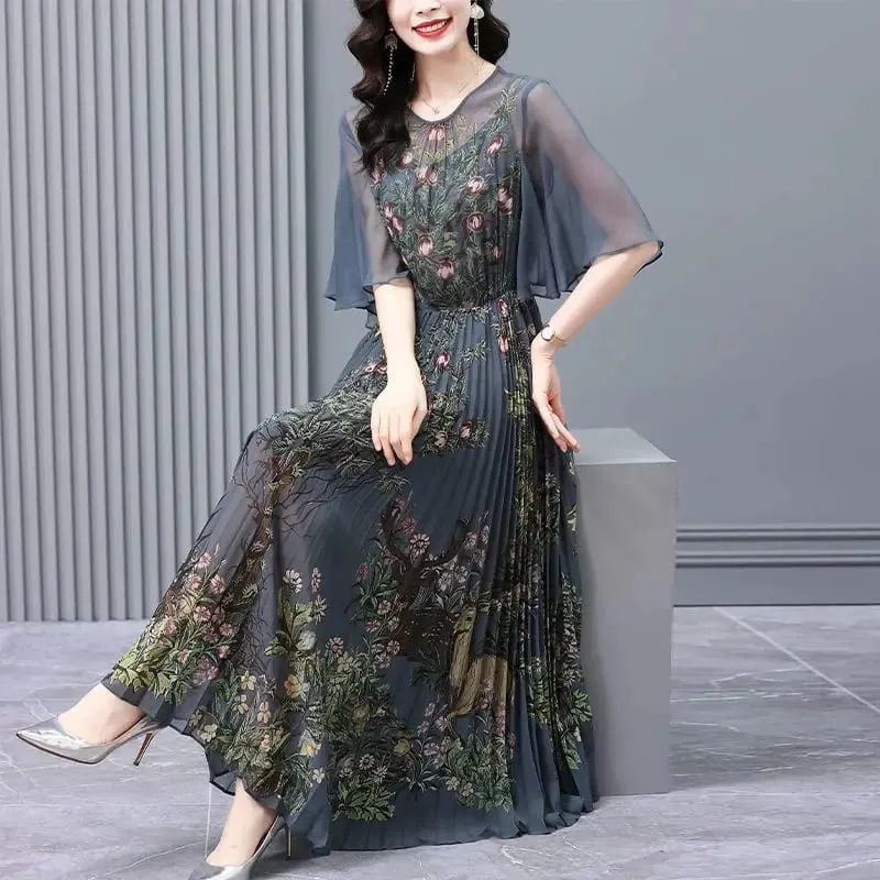 2026 Women Boho Floral Chiffon V-Neck Midi Dress Summer Fashion Light Casual Beach Sundress Korean Elegant Bodycon Party Dresses