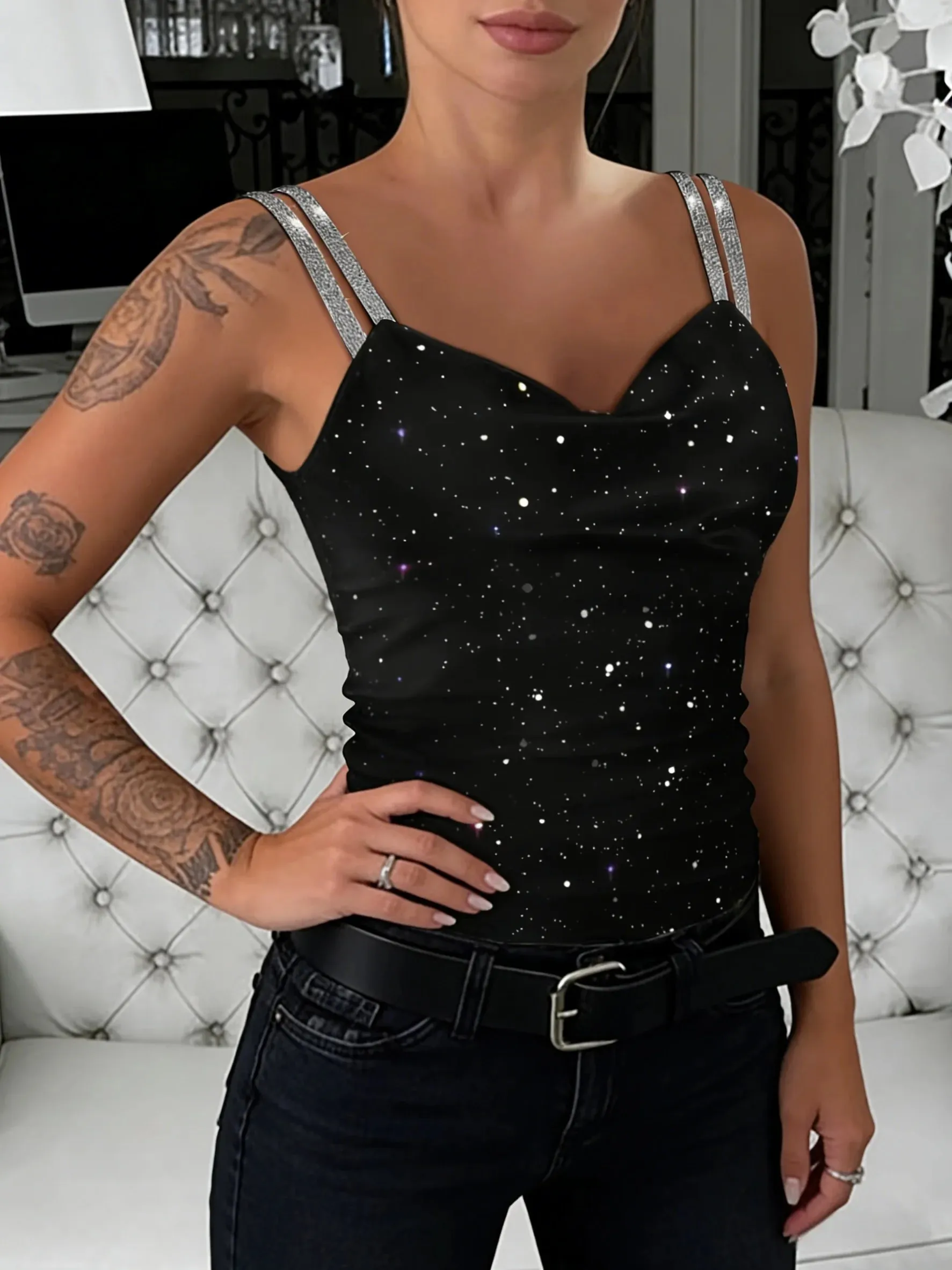 Women's Black Sparkly Glitter Cami Top Double Rhinestone Straps V-Neck Spring Summer Slim Fit Sexy Party Fashion Casual Tank Top