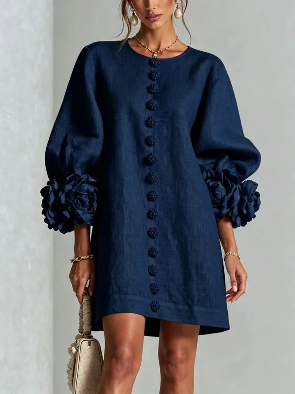 Women Spring Autumn 3D Flower Long Lantern Sleeve Cotton Linen Mini Dress Solid Crew Neck Loose Elegant Daily Wear Short Dress
