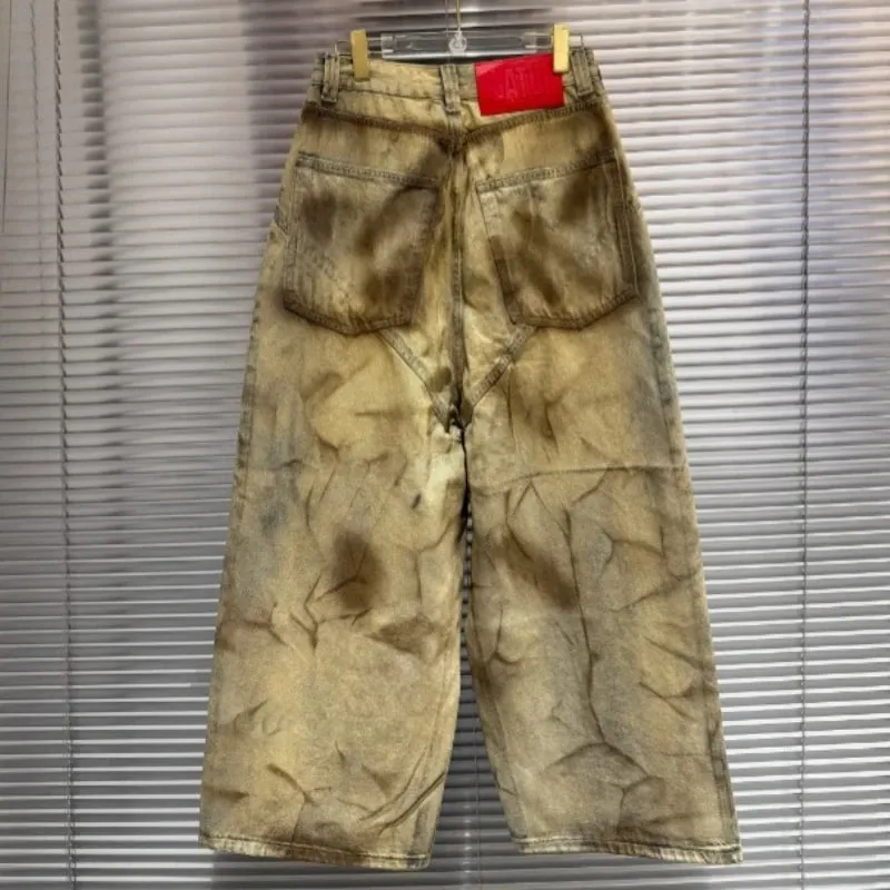 Latui Atelier High-Quality ROSE Stained and Weathered Embroidered Denim Pants with Flared Leg Design jeans