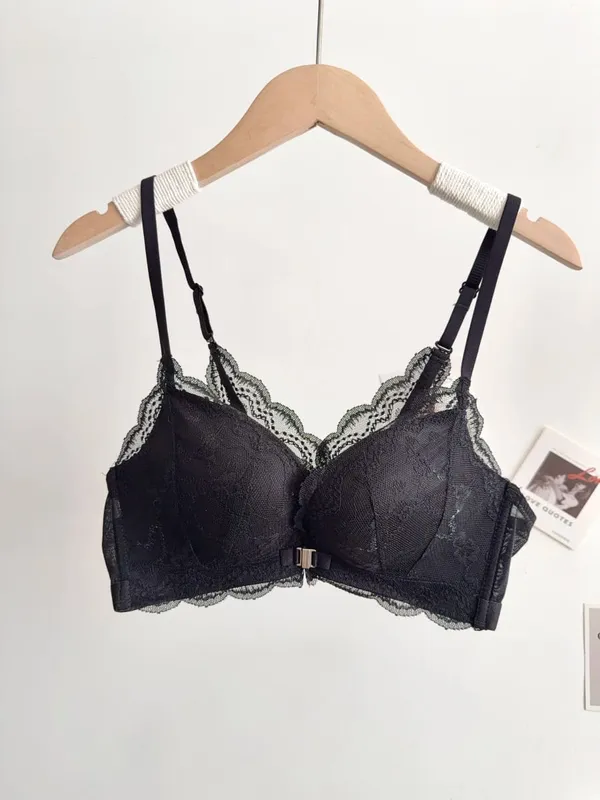 Women Small Bust Lace Bra Set Front Closure Wireless Beautiful Back Push‑Up Brassiere Soft Daily Lingerie Underwear Size 32‑38AB