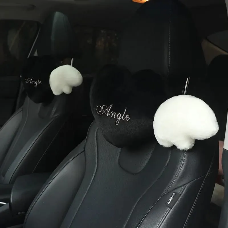 Cute Heart Angel Wings Car Neck Pillow Soft Plush Auto Headrest Pillow Universal Car Seat Head Support Cushion Decor Gift