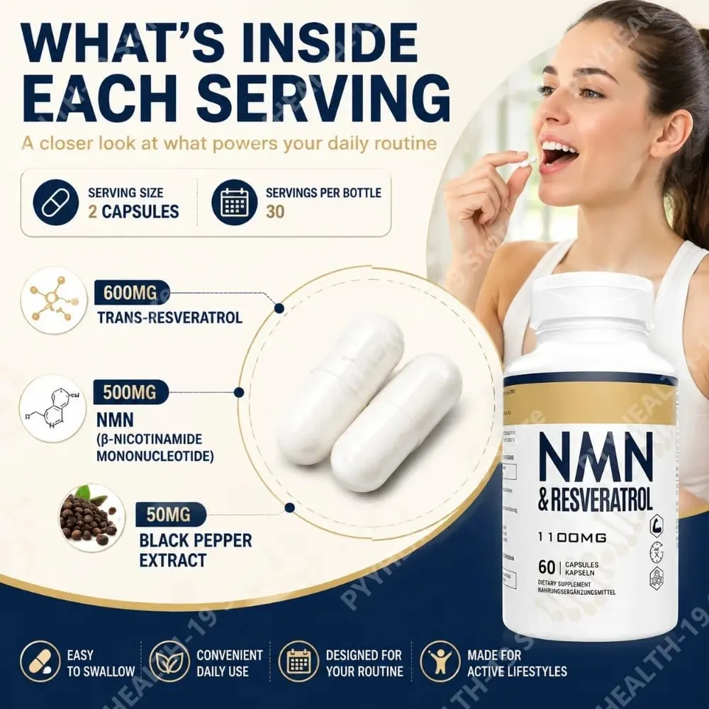 NMN & Resveratrol Supplement – 1100mg Capsules for Cellular Health DNA & Telomere Support with Black Pepper Extract – 60 Ct