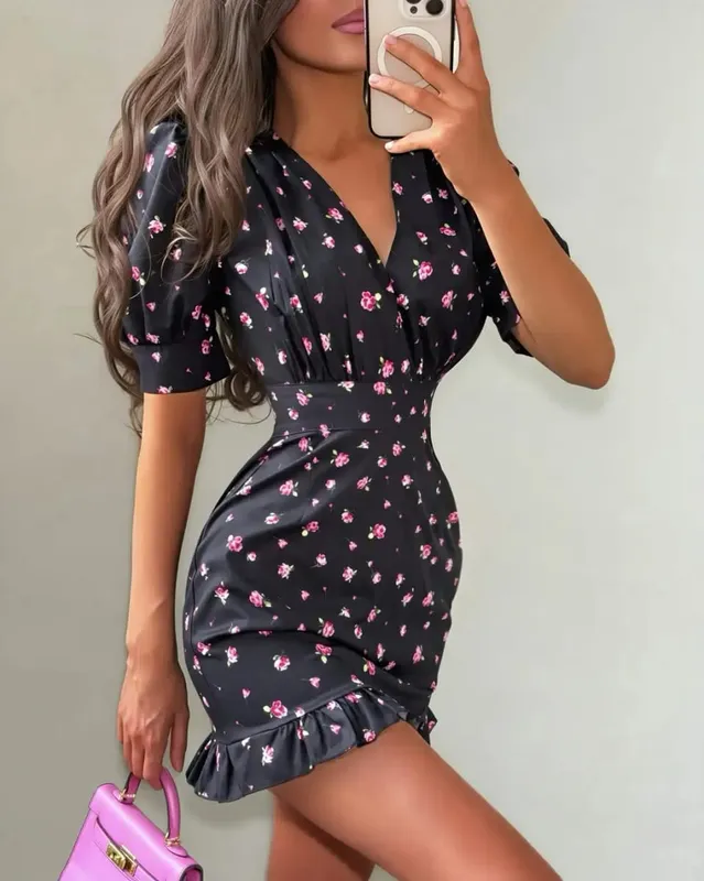 Elegant Floral Printed Mini Dress Women V-neck Short Sleeves Waist Cinching Ruffle Hem Dresses 2026 Lady Summer Vacation Robe