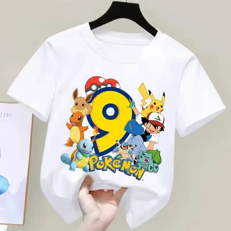2026 Pokemons Pikachu Kids T Shirts Birthday Number 1-9 Printed T Shirt Boys Girls Summer Short Sleeves Tops Children Clothing