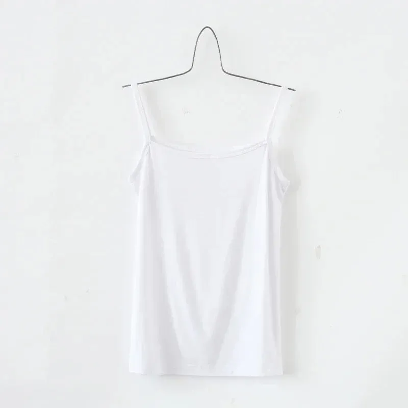 Women's Solid Color Spaghetti Straps Sleeveless Slim Camisole with Chest Pad Cotton Summer Wear Outside Female Short Tops Vests