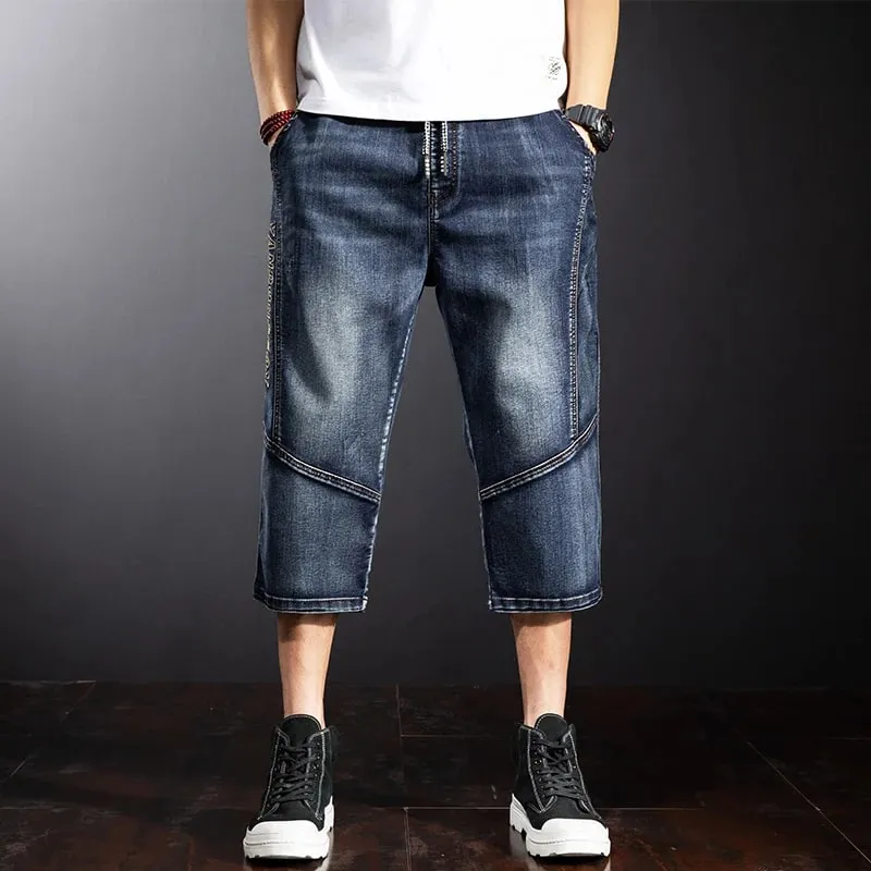 American Summer Men's Loose Denim Cropped Pants Fashionable Street Hip-hop Skateboard Workwear Ripped Jeans Plus Size Pants