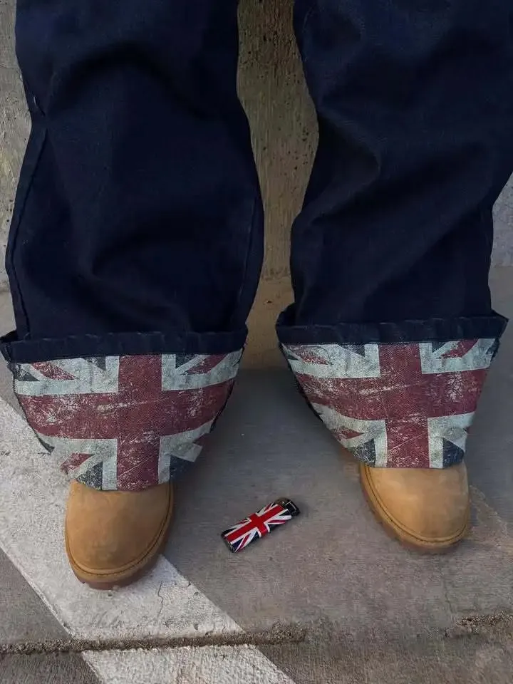 Y2K Skate Style Dark Blue Jeans UK Flag Printed Cuffed Hem Loose Wide Leg Denim Pants Streetwear