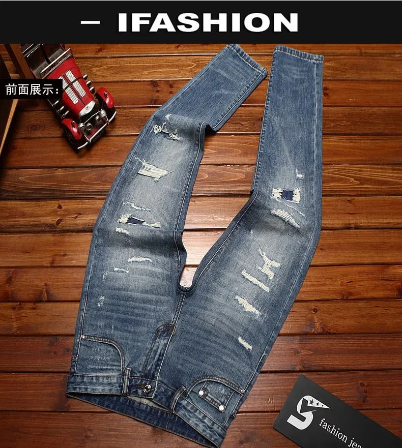 Fake ripped applique American vintage vintage jeans men's youth heavy straight leg loose conical denim pants trend