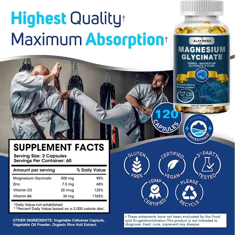 Alxfresh Magnesiumglycinat 500 mg Kapsel Zink Vitamin D3 B6 für Muskeln, Gelenke, Nerven, Schlafqualität, Angst, Stress, Stimmung, Gesundheit