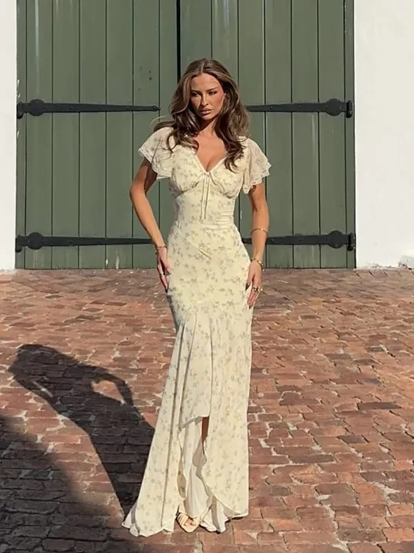 Organza Floral Printed Maxi Dress Women V Neck High Split Puff Sleeve Waist Cinching Ruffle Long Dresses Vacation Summer Outfits