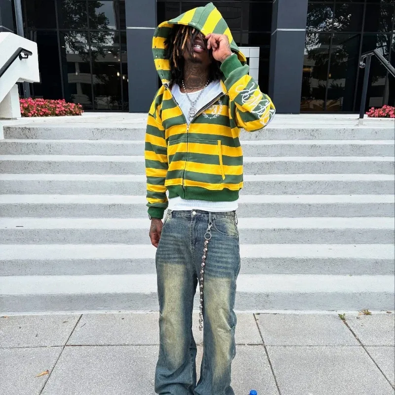 Y2K Street Kid Zip Up Hoodie Stripe Rivet Embroidery Pattern Sweatshirt New Men Hip Hop Fashion Streetwear Unisex Boxy Clothing