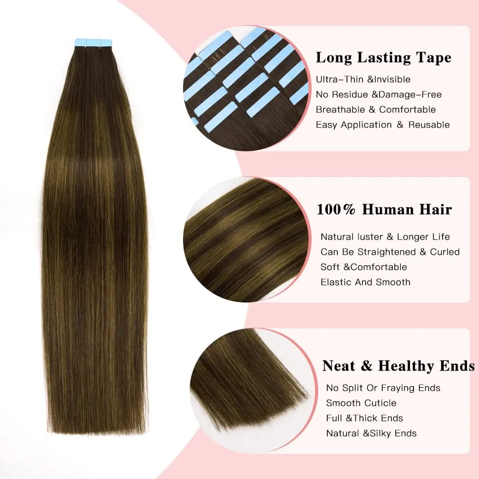 Natural Hair Tape in Extensions 100% Remy Human Hair Extensions Straight Balayage Brown Seamless Glue On Hair For Woman 20pcs