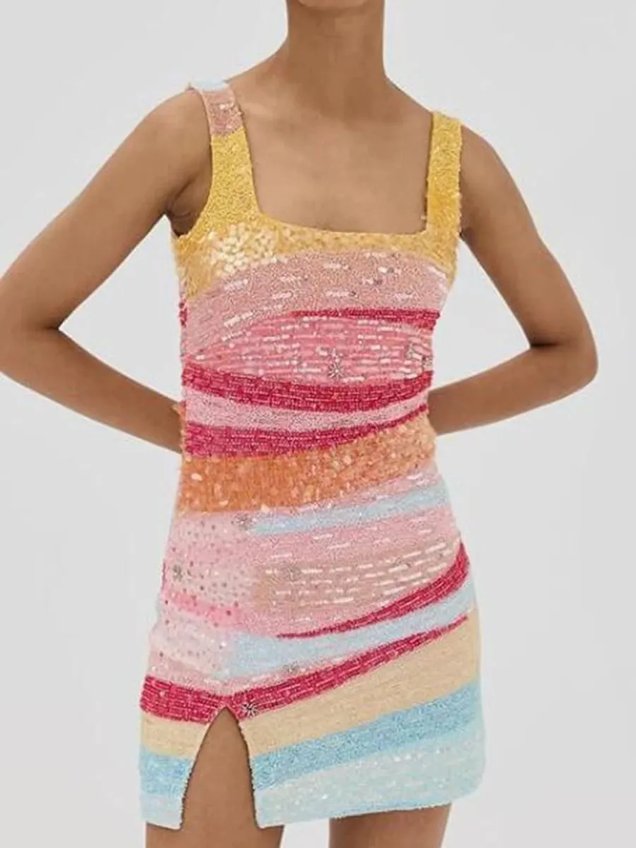 Elegant Lady Fit Banquet Short Dress Fashion Sequins Sleeveless Halter Evening Dress Summer New Women High Waist Wrap Hips Dress