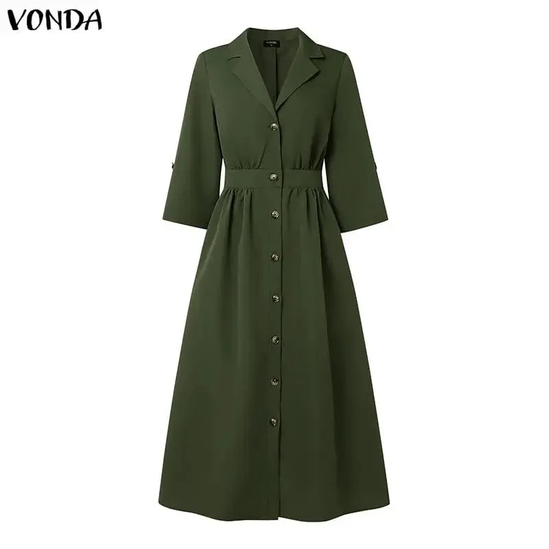 Summer 3/4 Sleeve Women Dress Fashion Sundress OL Work Shirt Dresses Streetwear Solid Color Vestidos Oversize S-3XL