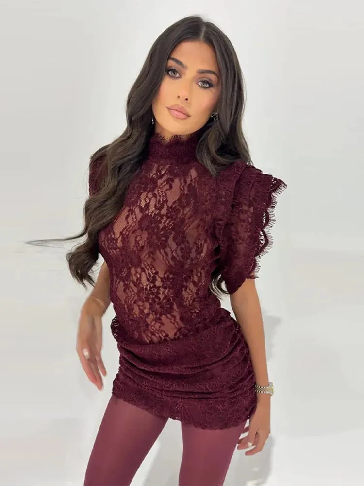 Sexy Lace See Through Party Dress Women Slim Fly Sleeve O-neck Evening Solid Dresses Female 2026 Patchwork Pleated Robe Lady — image 3