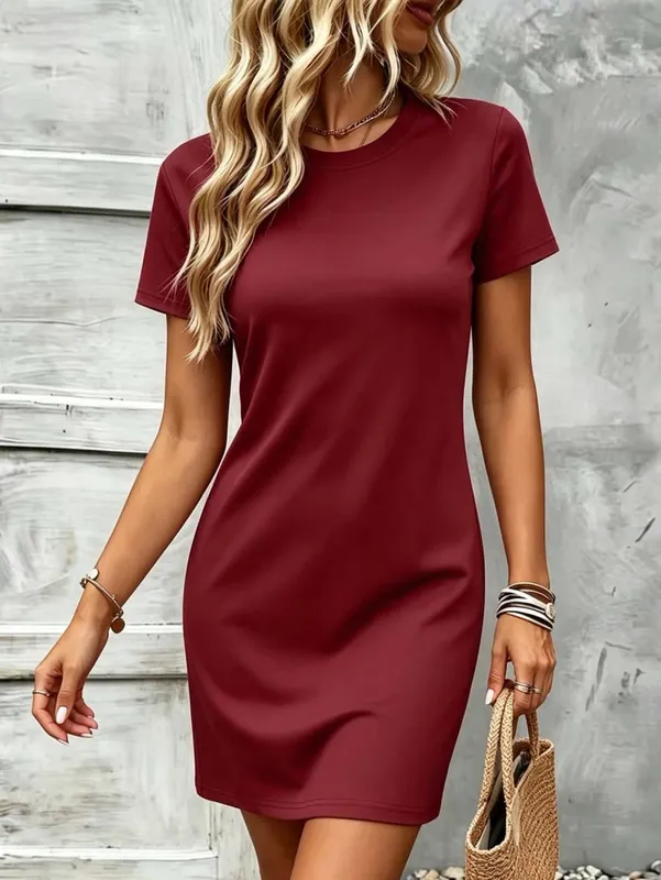 Women's Casual Daily Commuting Simple Straight-Cut Short-Sleeved Dress Comfortable and Versatile.