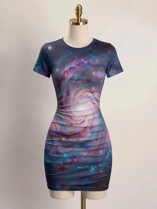 Womens Short Sleeve Bodycon Mini Dress Slim Fit Crew Neck Floral Print Casual Summer Party Flattering Lightweight Party Sundress