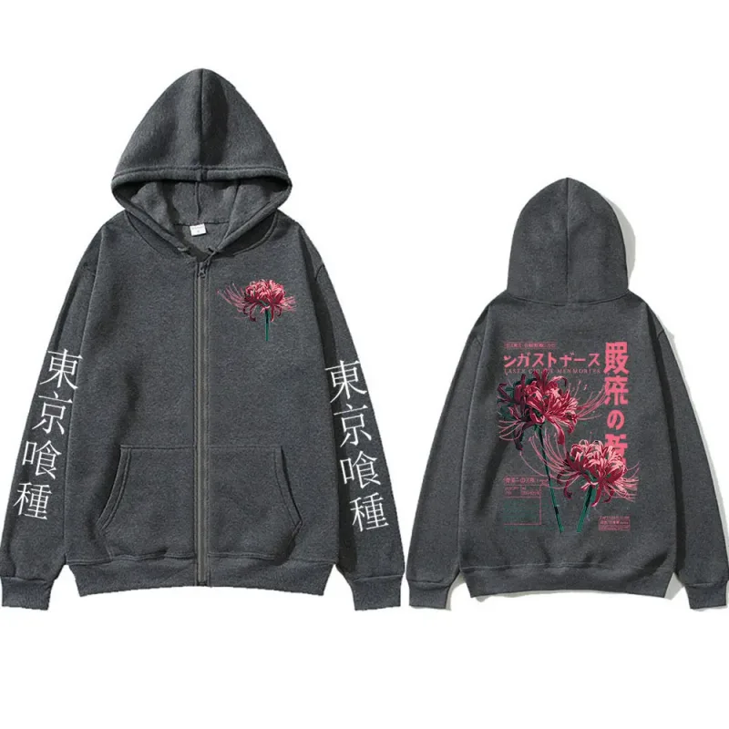 Anime Tokyo Ghoul Ken Kaneki Grunge Flower Japanese Spider Lily Zipper Hoodies Men's Zip Up Sweatshirts Long Sleeves Jacket Caot
