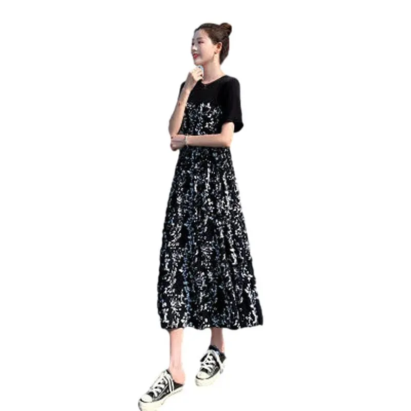 Women Dress 2026 Summer New Hepburn Style Midi Floral Dress High Waist Slim Fit Short Sleeve Long Dress