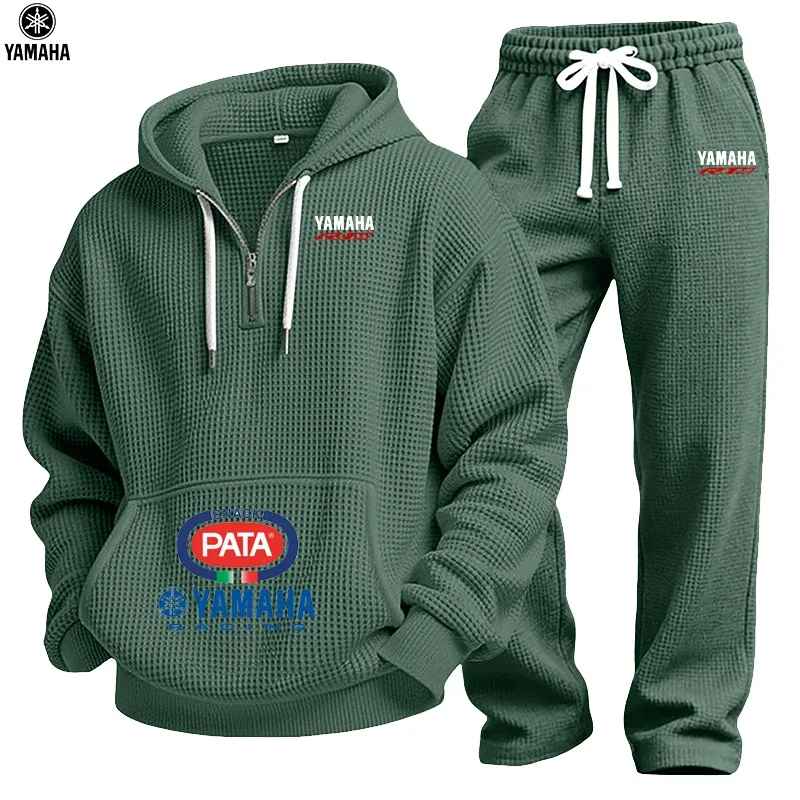 2026 Yamaha Spring/Autumn New Men's Waffle Hooded Sweatshirt Set - Top - Street Vacation Long-Sleeved Casual Fashion Outdoor Dai