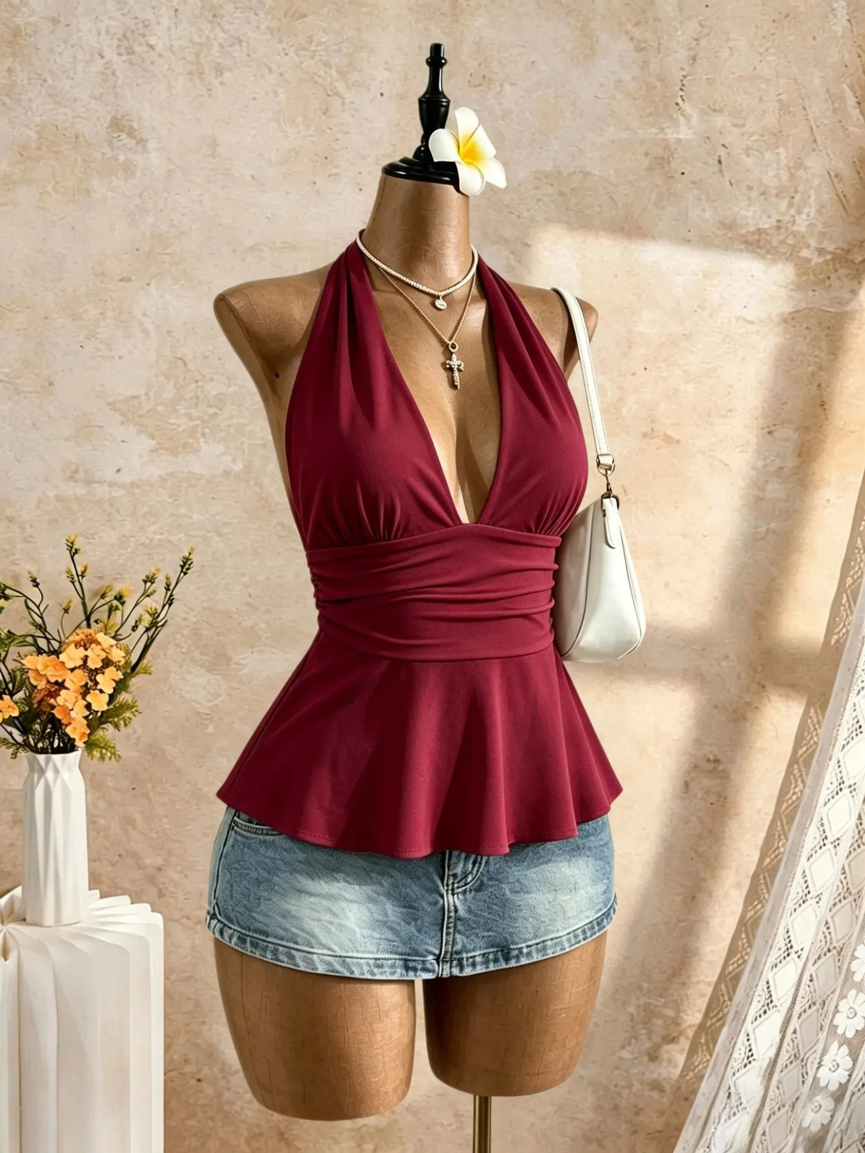 Women Halter Deep V Neck Sleeveless Peplum Tank Top Wrap Waist Ruched Flared Hem Slim Fit Y2K Cami Blouse