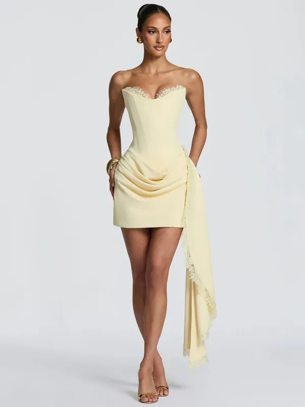 Women Lace Trim Patchwork Strapless Ribbon Bodycon Dress Sexy Ruched Pleated Backless Lace Up Short Dresses Evening Party Gowns