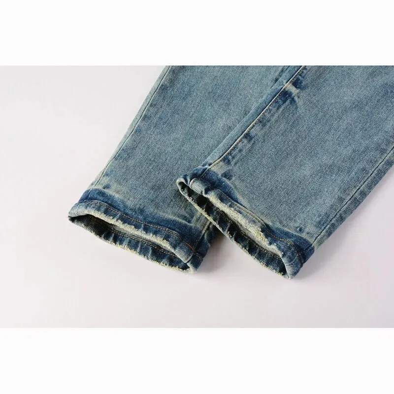 Men's Large Knee Ripped Slim Tapered Jeans Vintage Light Blue Wash Heavily Frayed Button Fly High Street Style