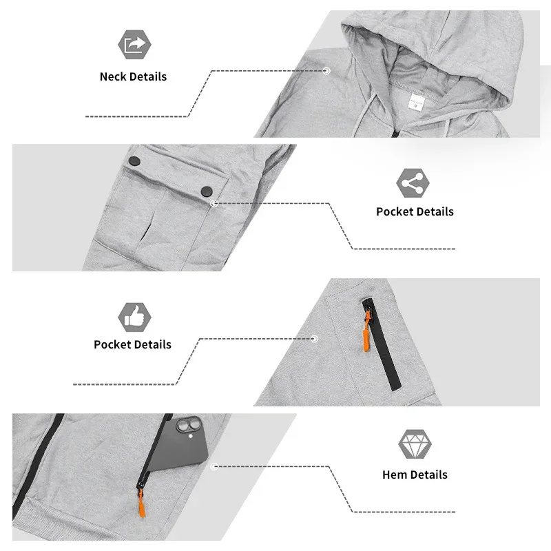 Men's Heavyweight Full Zip Hoodie Autumn Winter Casual Outdoor Hooded Sweatshirt Multi‑Pocket Drawstring Loose Fit Sports Jacket